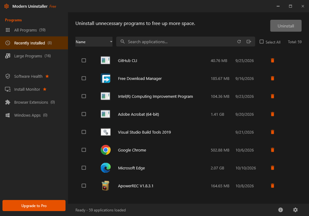 Recently Installed programs filter showing 8 apps with install dates
