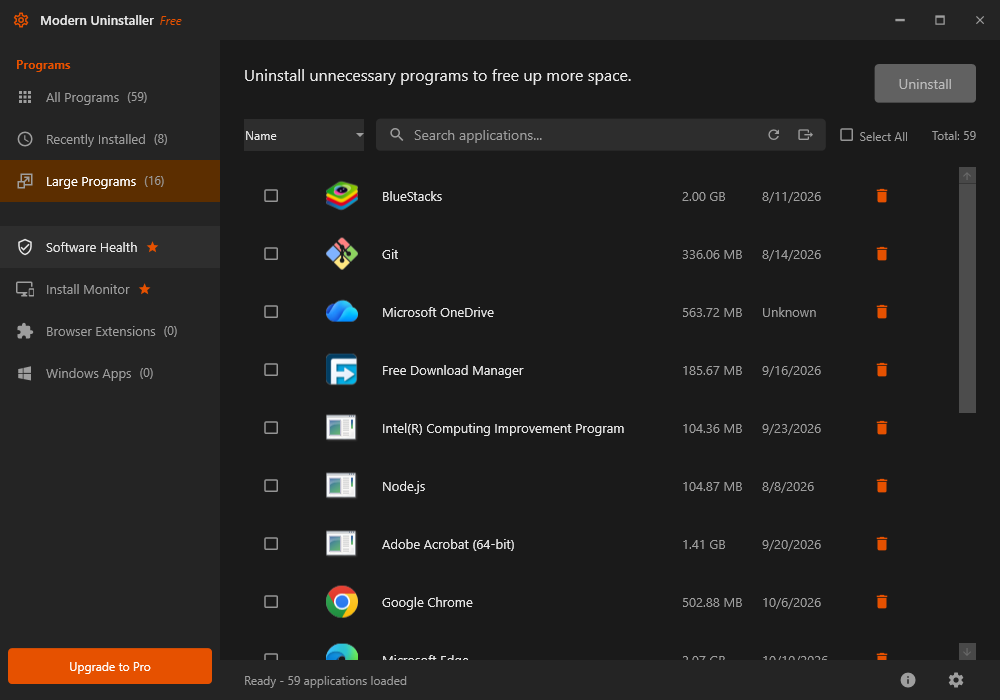 Large Programs category listing 16 apps consuming significant disk space