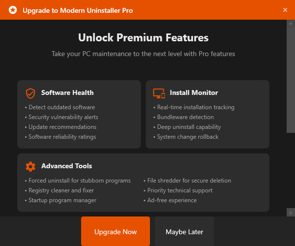 Upgrade to Modern Uninstaller Pro screen showing premium feature highlights