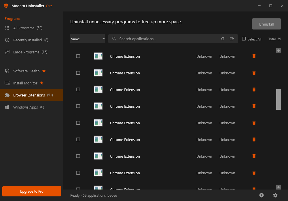 Browser Extensions section listing 51 installed Chrome extensions
