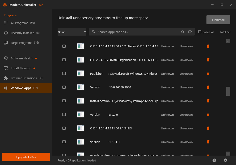 Windows Apps section showing 97 Microsoft Store and UWP apps