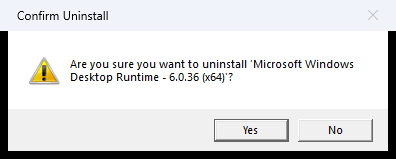 Confirm Uninstall dialog asking to remove Microsoft Windows Desktop Runtime