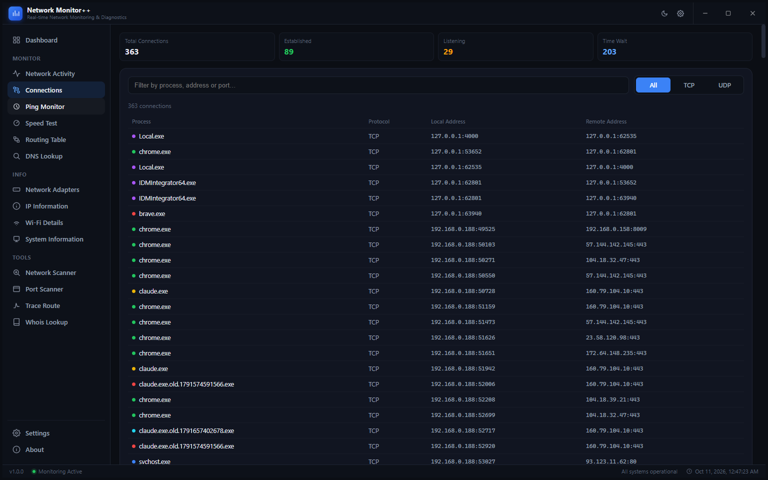 Connections page showing 363 total connections, a filter bar, TCP/UDP tabs, and a process table with columns for Process, Protocol, Local Address and Remote Address