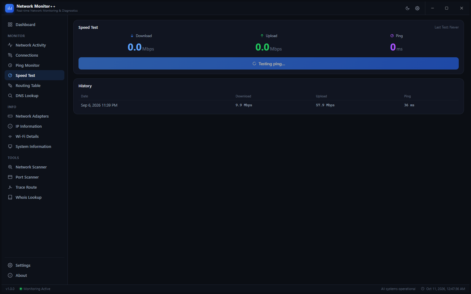Speed Test page mid-test showing Testing ping... status, Download 0.0 Mbps, Upload 0.0 Mbps and previous test history showing 9.9 / 57.9 Mbps