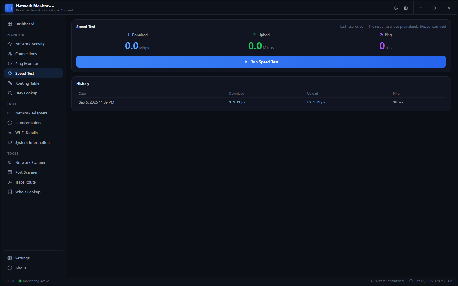 Speed Test page after a failed test showing the Last Test: Failed error message and the Run Speed Test button ready for a retry