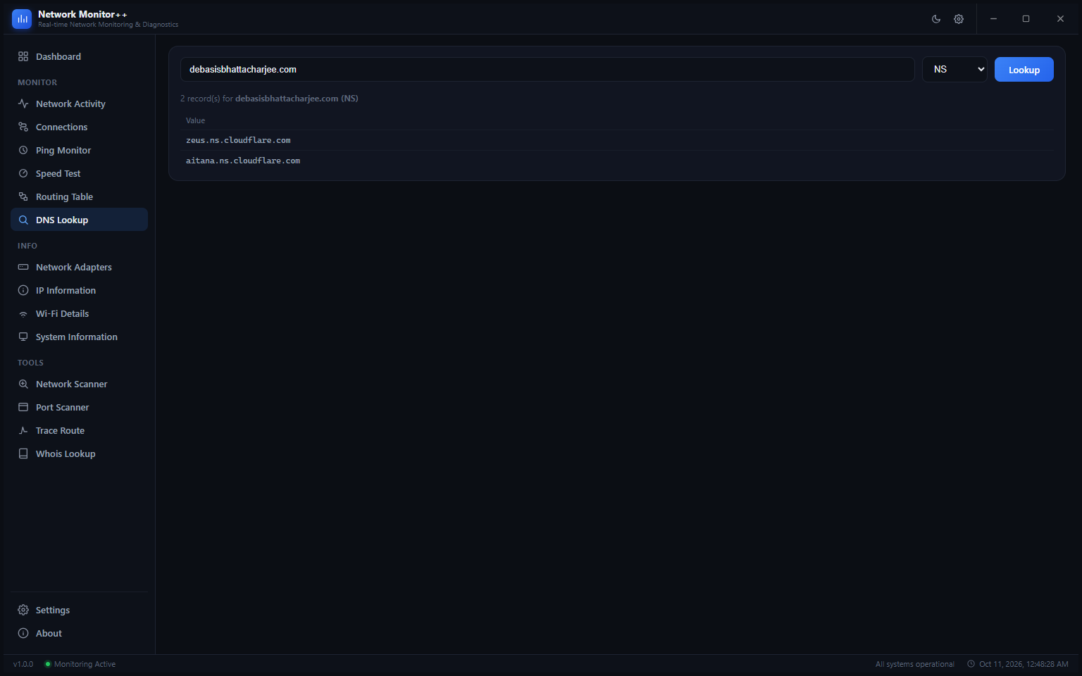DNS Lookup showing NS records for debasisbhattacharjee.com: zeus.ns.cloudflare.com and aitana.ns.cloudflare.com