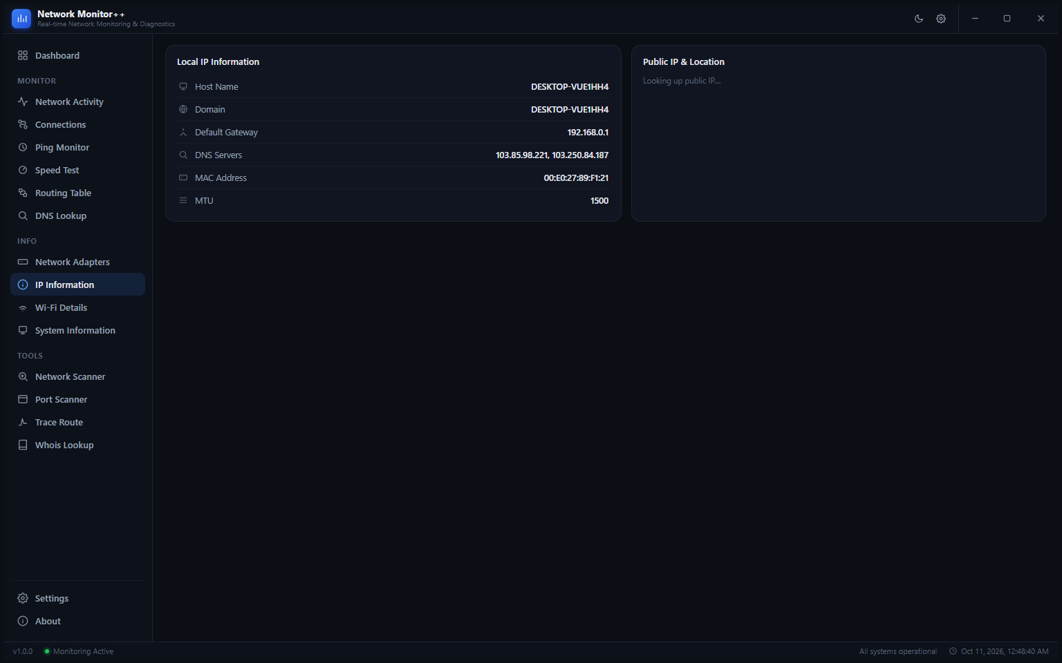 IP Information page showing Local IP details including host name, default gateway, DNS servers, MAC address and MTU alongside a Public IP lookup in progress