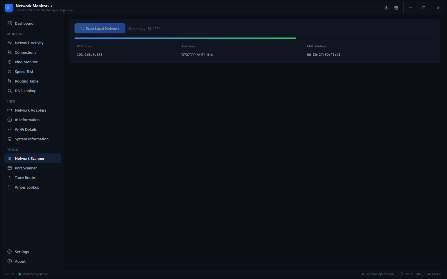 Network Scanner scanning 186 of 254 addresses on the local subnet, with DESKTOP-VUE1HH4 already found at 192.168.0.188