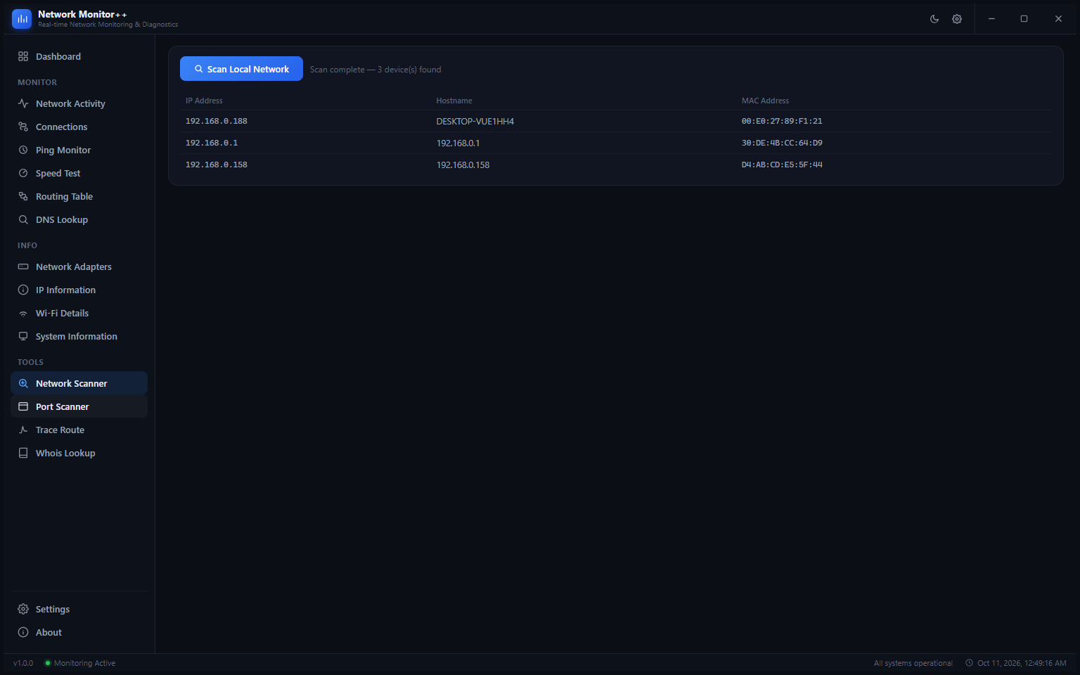 Network Scanner scan complete showing 3 devices found: 192.168.0.188 (DESKTOP-VUE1HH4), 192.168.0.1 (the router) and 192.168.0.158 with their MAC addresses