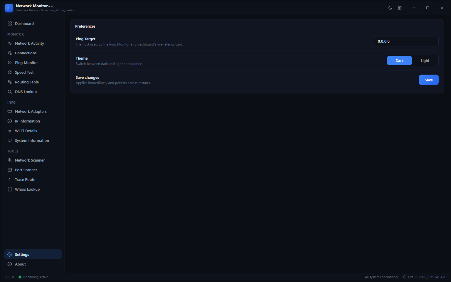 Settings page showing Ping Target field set to 8.8.8.8, Theme toggle between Dark and Light, and a Save changes button