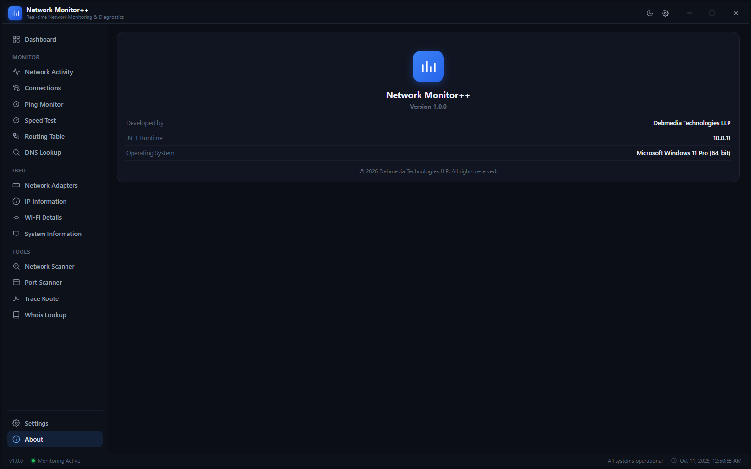 About page showing Network Monitor++ logo, Version 1.0.0, developed by Debmedia Technologies LLP, .NET Runtime 10.0.11 and Windows 11 Pro 64-bit