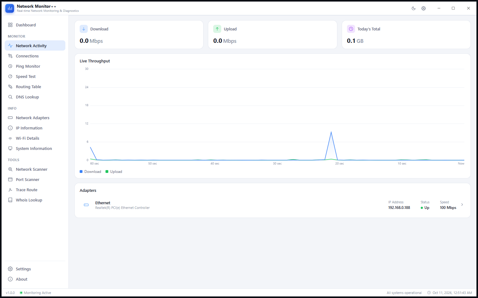 Network Activity page in light mode showing the Live Throughput chart with a visible spike in download traffic