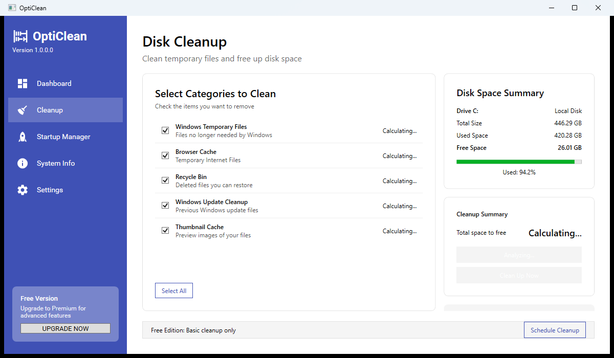 OptiClean Disk Cleanup screen showing selectable cleanup categories and disk space summary