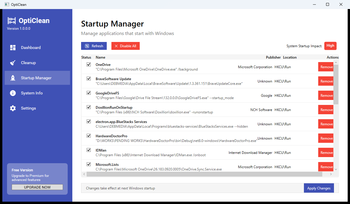 OptiClean Startup Manager listing boot items with publisher info and Remove buttons