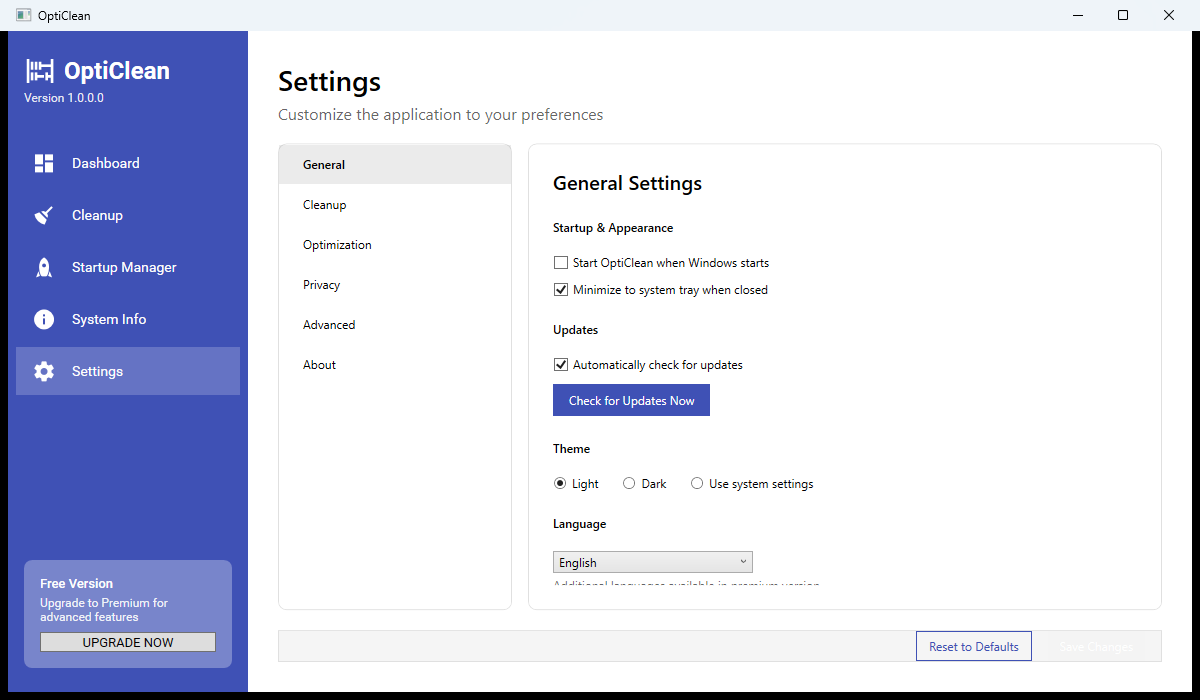 OptiClean General Settings showing startup, theme and language options