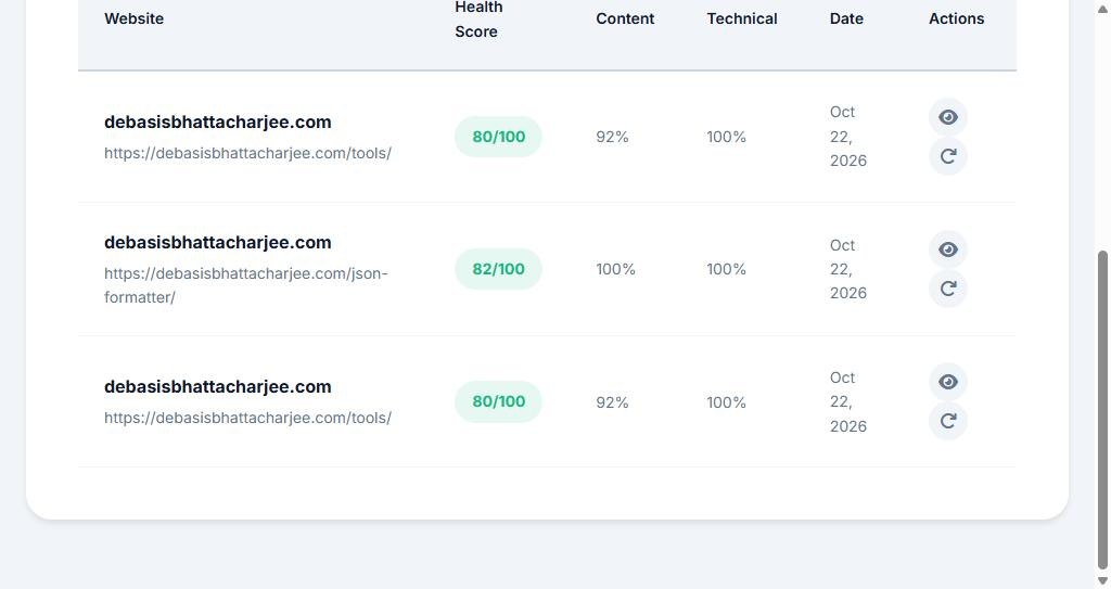 PageHound scan history with scores and rescan buttons