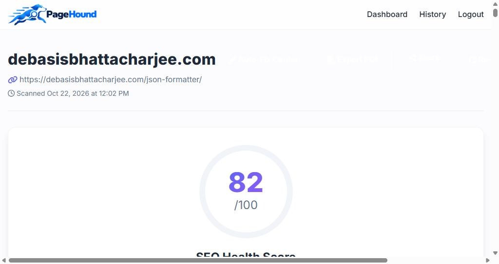 PageHound scan report showing an SEO health score of 82 out of 100