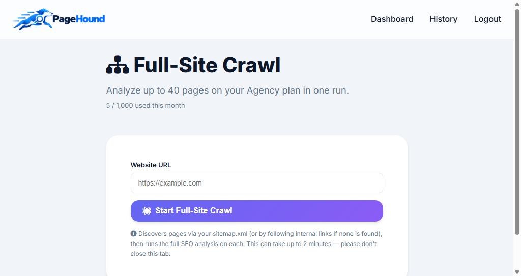 PageHound full-site crawl page