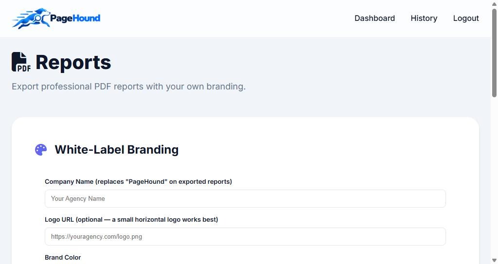 PageHound white-label branding settings for PDF reports