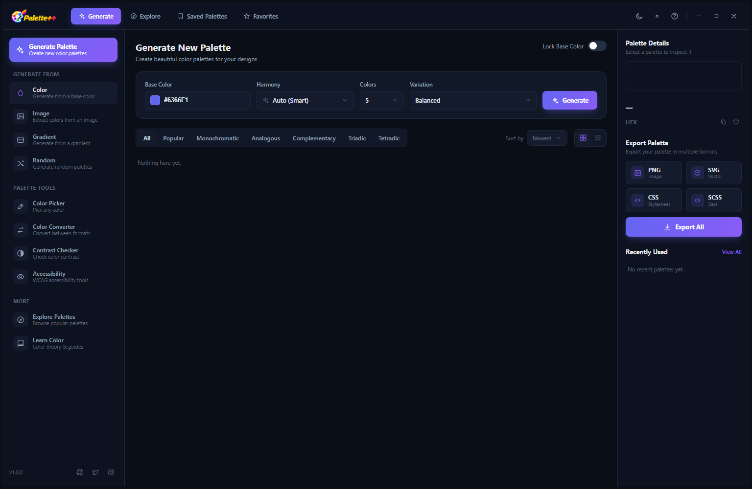 Palette++ Generate New Palette screen showing empty state with base color selector, harmony rule dropdown, filter tabs and export buttons in dark mode