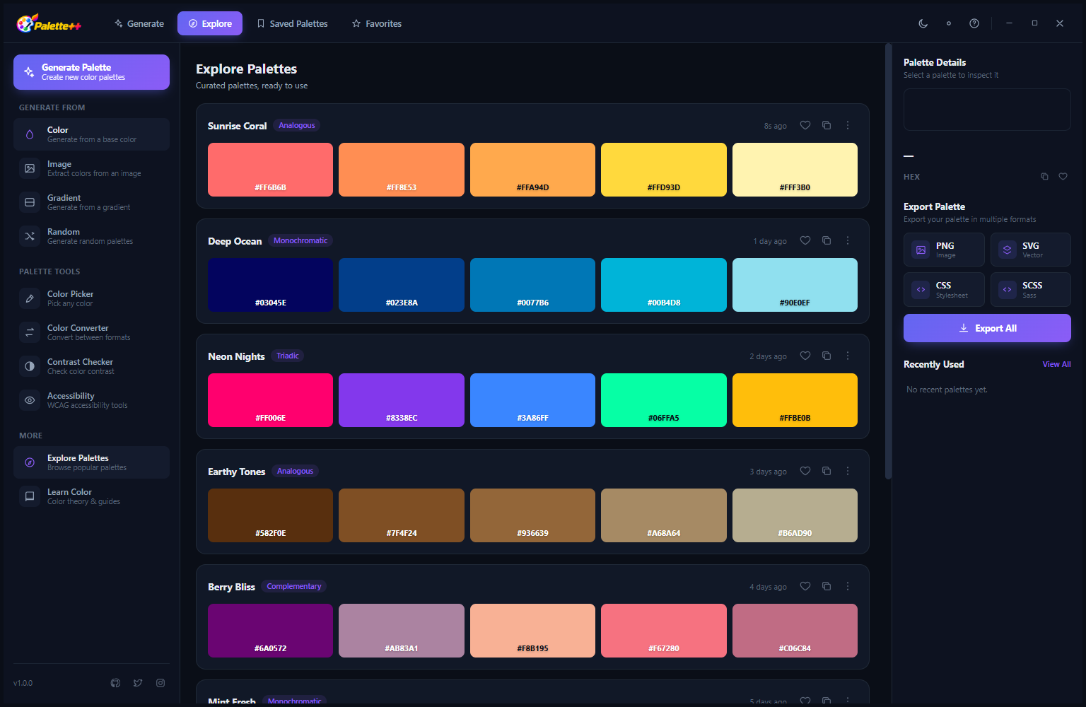 Palette++ Explore Palettes view in dark mode showing named palette cards: Sunrise Coral, Deep Ocean, Neon Nights, Earthy Tones, Berry Blue — each displaying five color swatches with hex codes