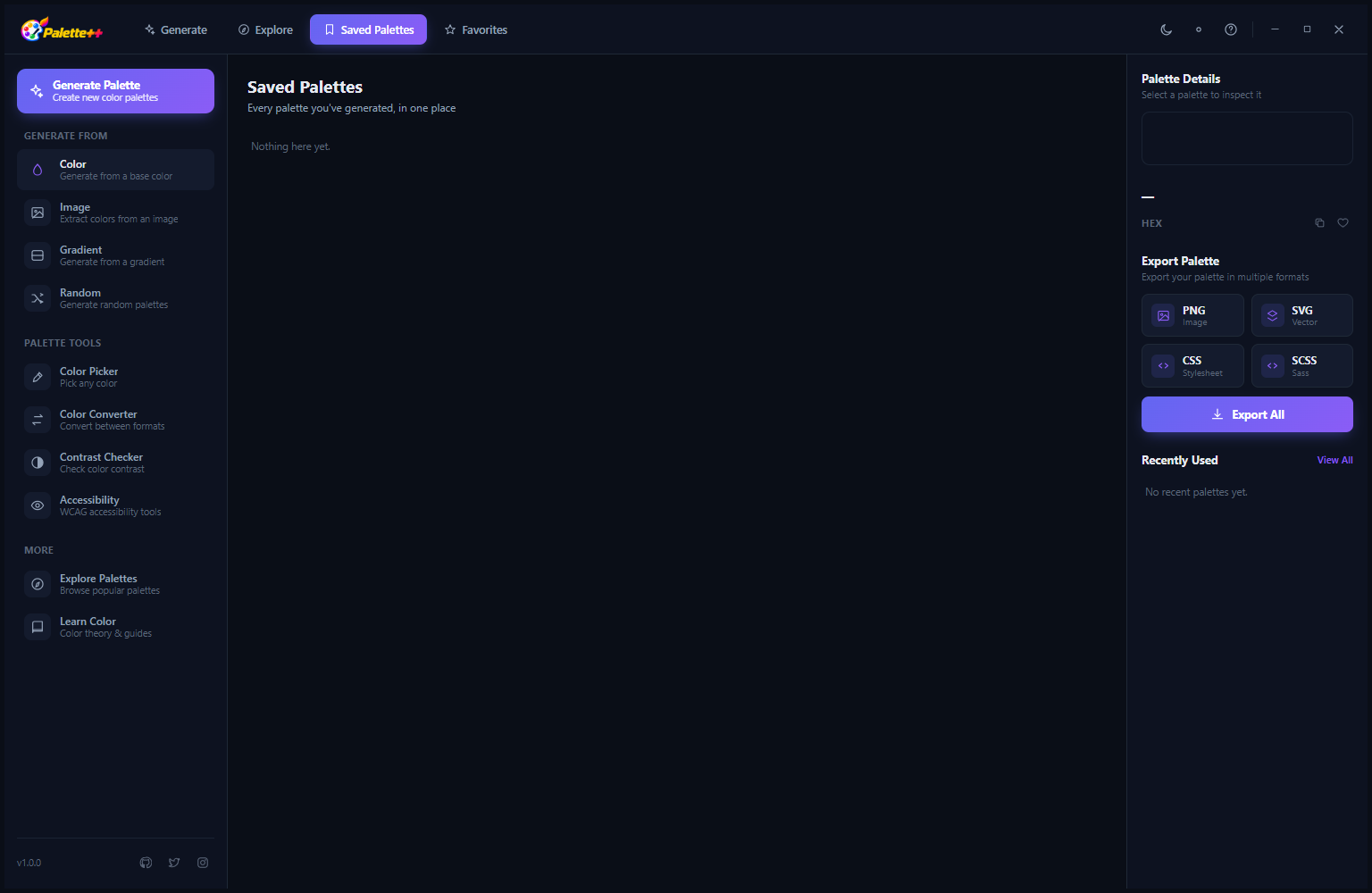 Palette++ showing the Saved or Explore view in dark mode with palettes organized in the browsable library layout