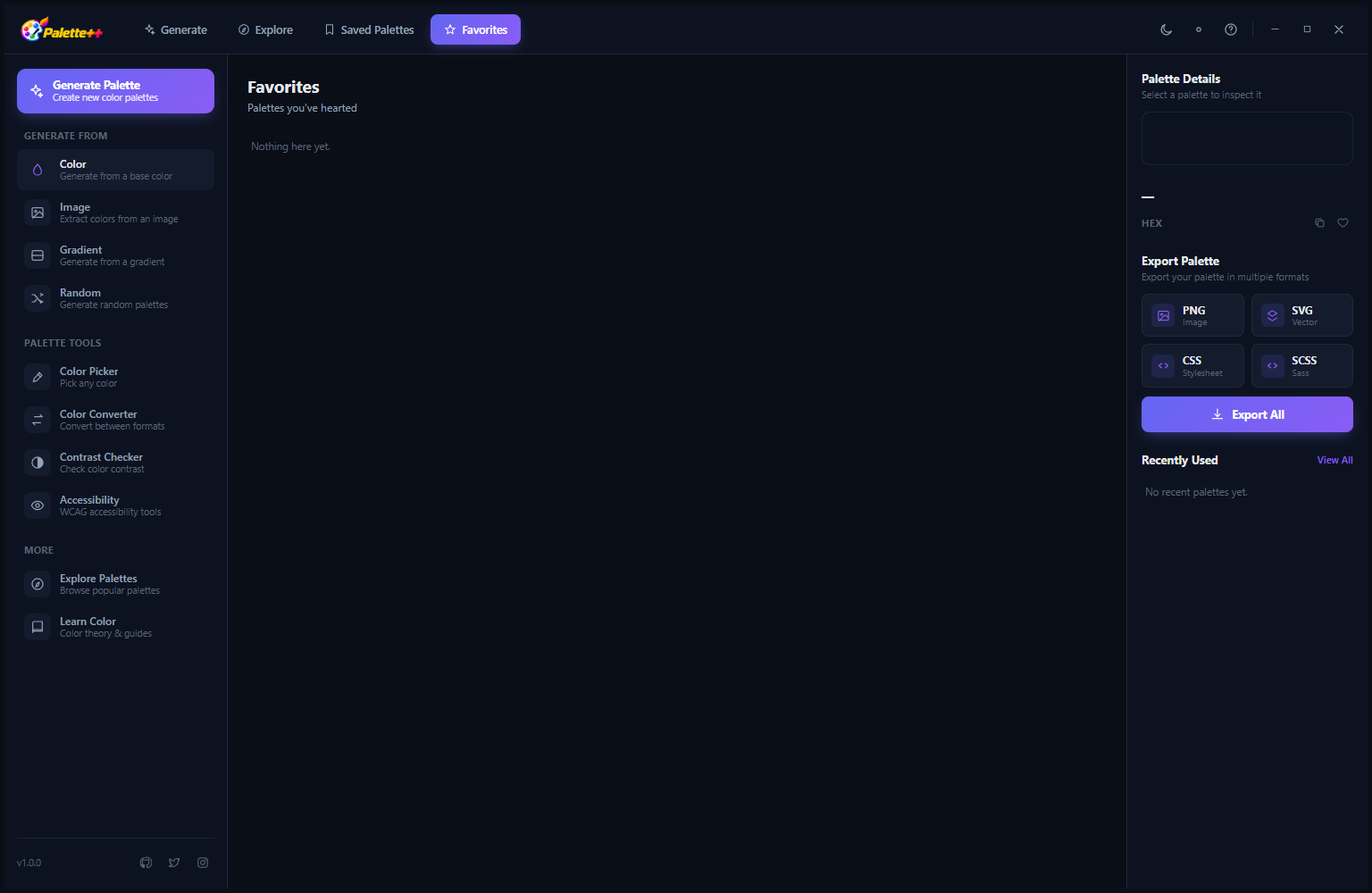 Palette++ HarmMap tab in dark mode showing an empty favorites state with guidance to star palettes from the Explore view to add them here