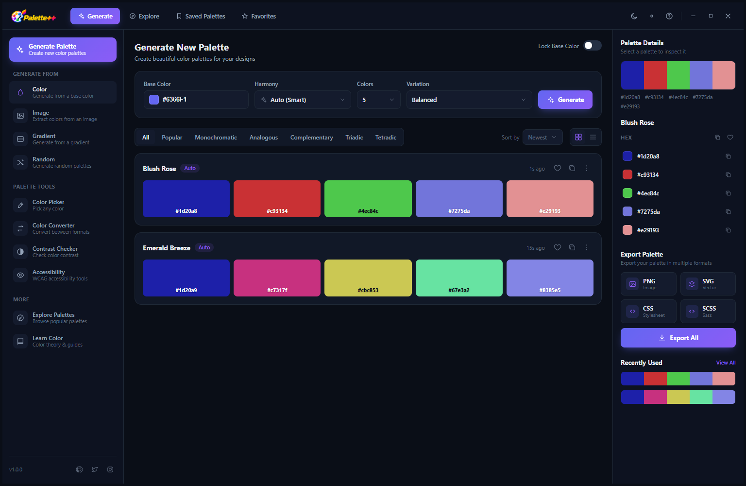 Palette++ showing two generated palette results: Slash Rose (warm rose tones from deep burgundy to soft blush) and Emerald Stone (rich jewel greens from dark forest to bright emerald) with hex codes for each swatch