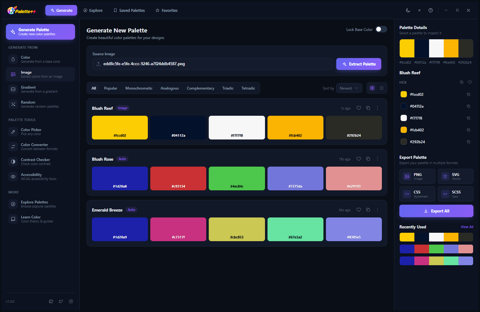 Palette++ showing additional generated palette results in dark mode with more palette cards showing different color harmonies and their named swatches