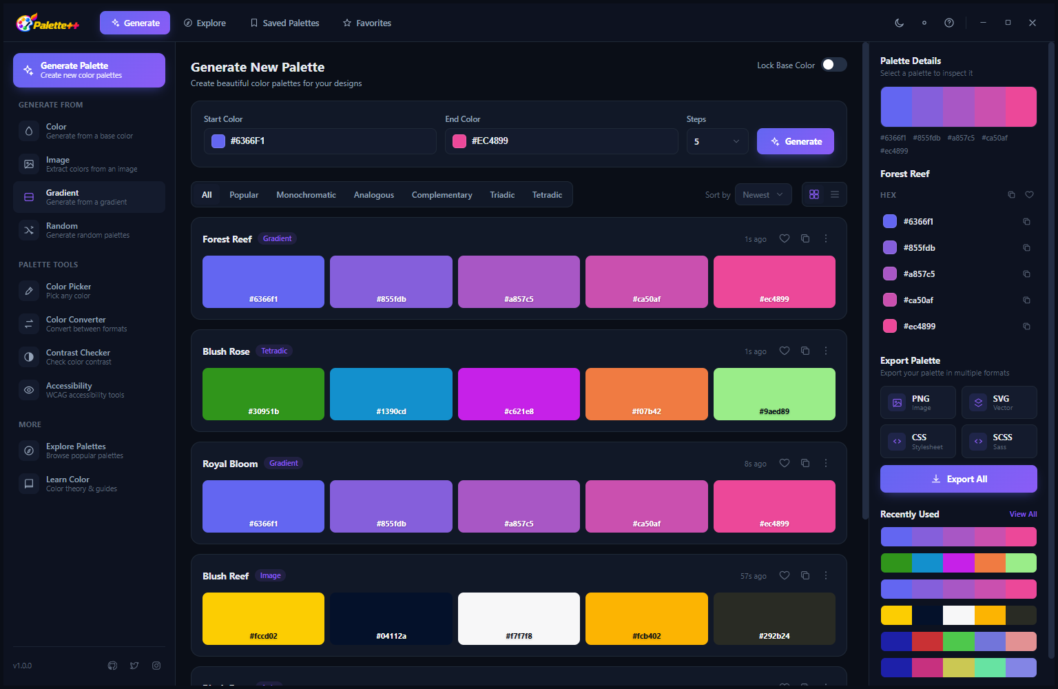 Palette++ showing the generation results view with saved palettes and variant options displayed alongside the active generation controls