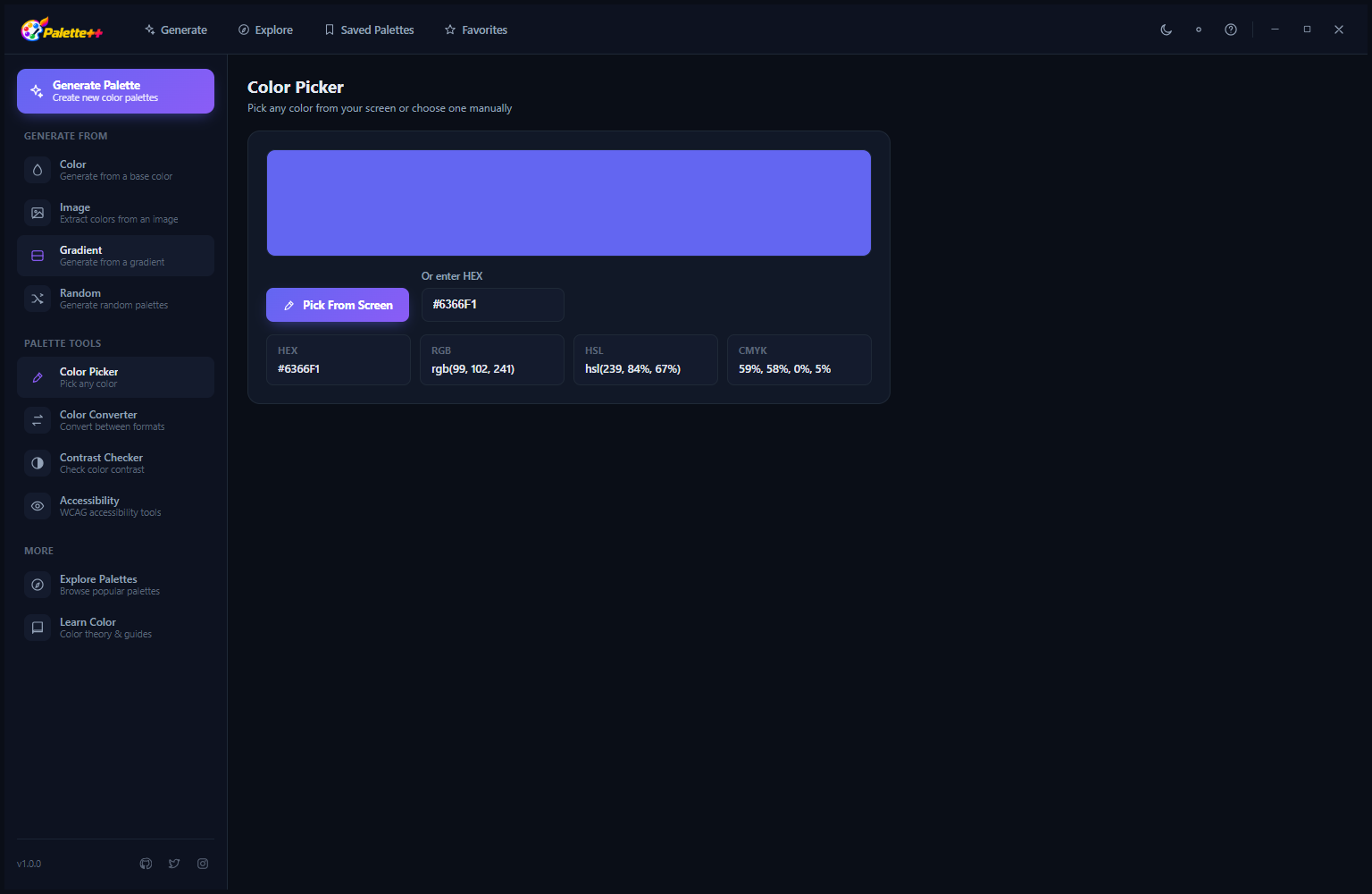 Palette++ Color Picker in dark mode showing the selected color #D082F7 (purple) with HEX, RGB (208, 130, 247), HCL and CMYK values, screen picker activation, and Pick Page Device button