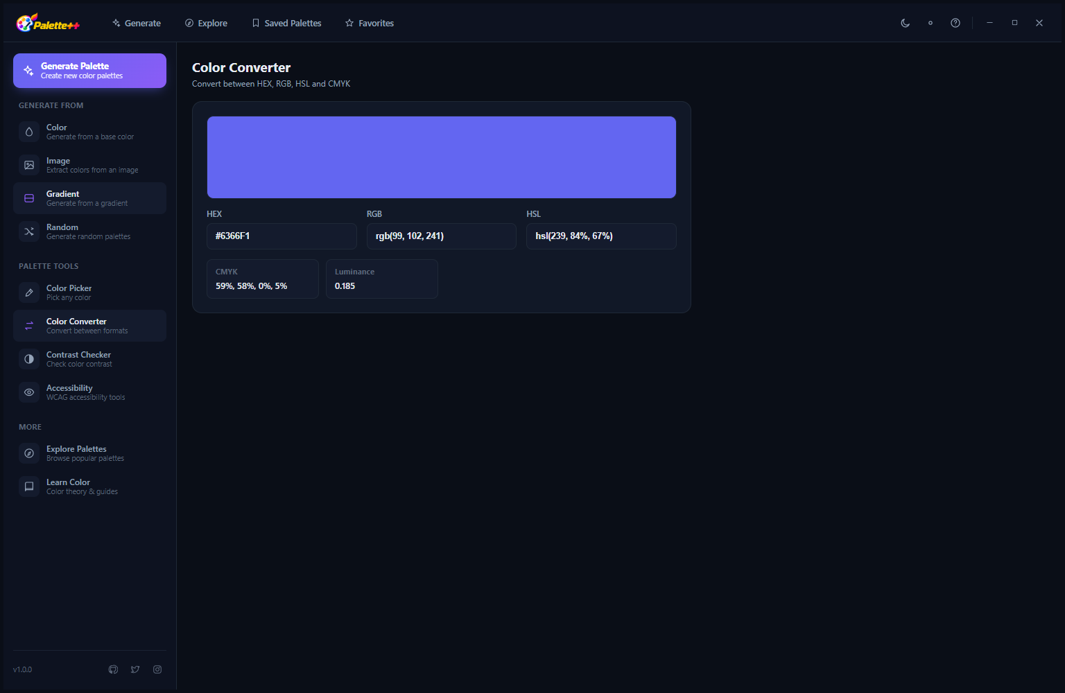 Palette++ Color Picker in dark mode showing the screen picker active with color capture from the screen and the resulting color values displayed in all formats