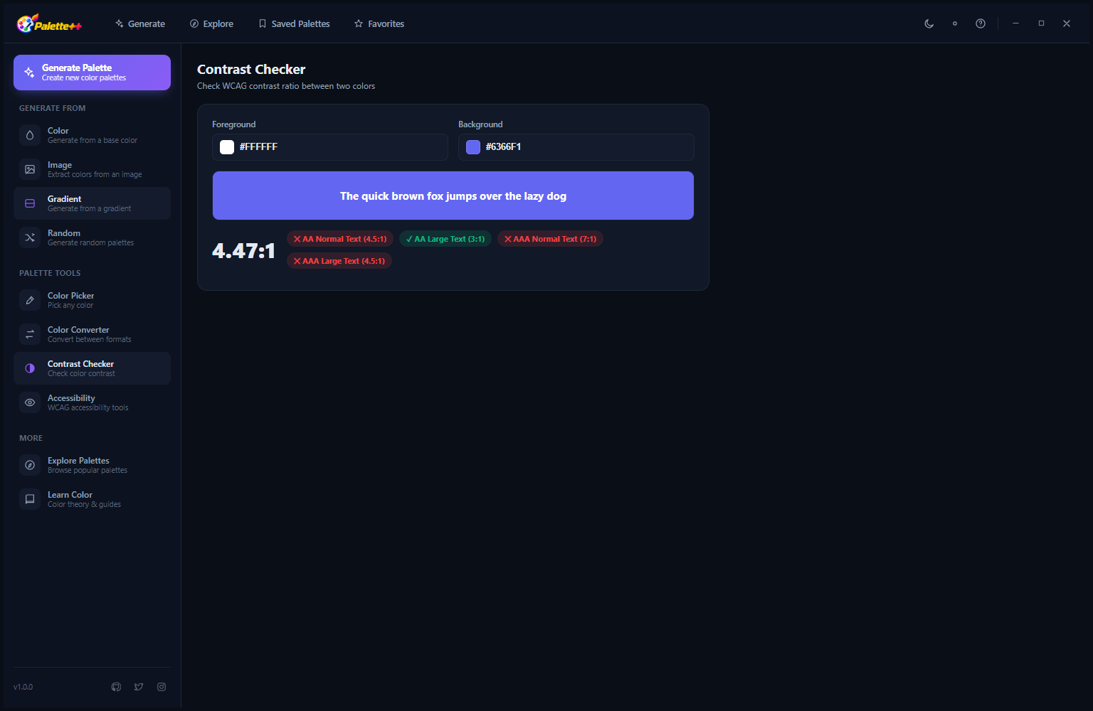 Palette++ Contrast Checker in dark mode showing foreground color, background color, contrast ratio 4.47:1, WCAG 2.1 AA Pass for normal and large text, AAA Fail for normal text, and a preview of text on the selected background
