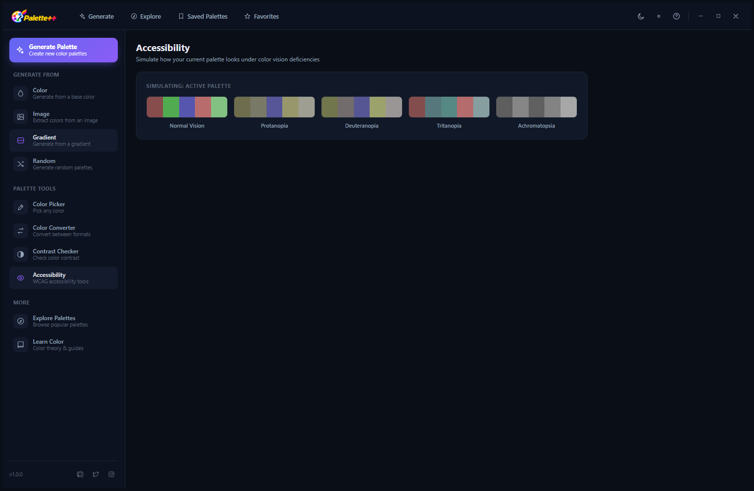 Palette++ showing additional tool views in dark mode with the consistent dark interface across different sections of the application