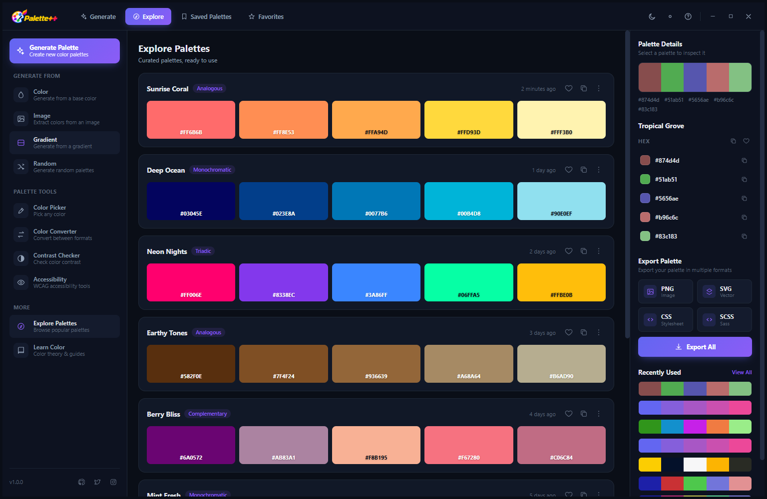 Palette++ Settings screen in dark mode showing theme selection (Dark/Light toggle), export format defaults, color space preferences and other application settings