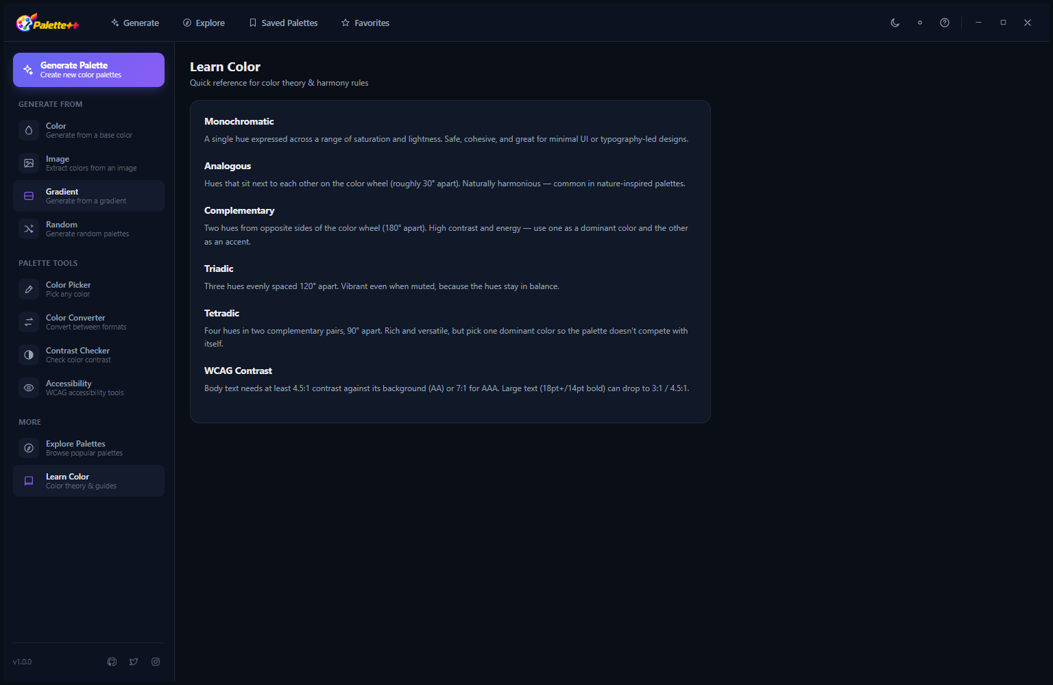 Palette++ Learn Color section in dark mode showing color theory reference cards for Monochromatic, Analogous, Complementary, Triadic, Tetradic, and WCAG Contrast theory with diagrams and explanations