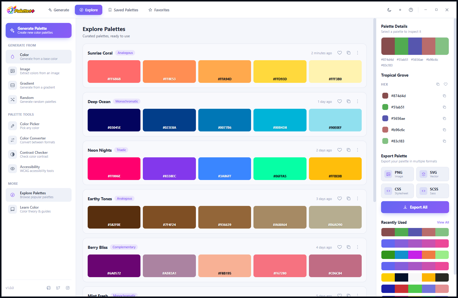 Palette++ Explore Palettes in Light Mode showing the same palette cards on a clean white background — Tropical Grace selected, with the full light-themed sidebar and toolbar visible