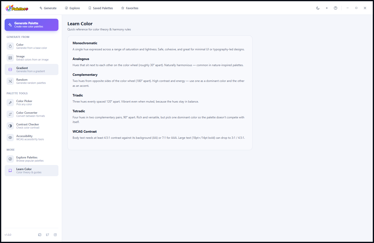Palette++ Learn Color Theory section in Light Mode showing the same harmony rule cards on a white background with dark headings and explanatory text