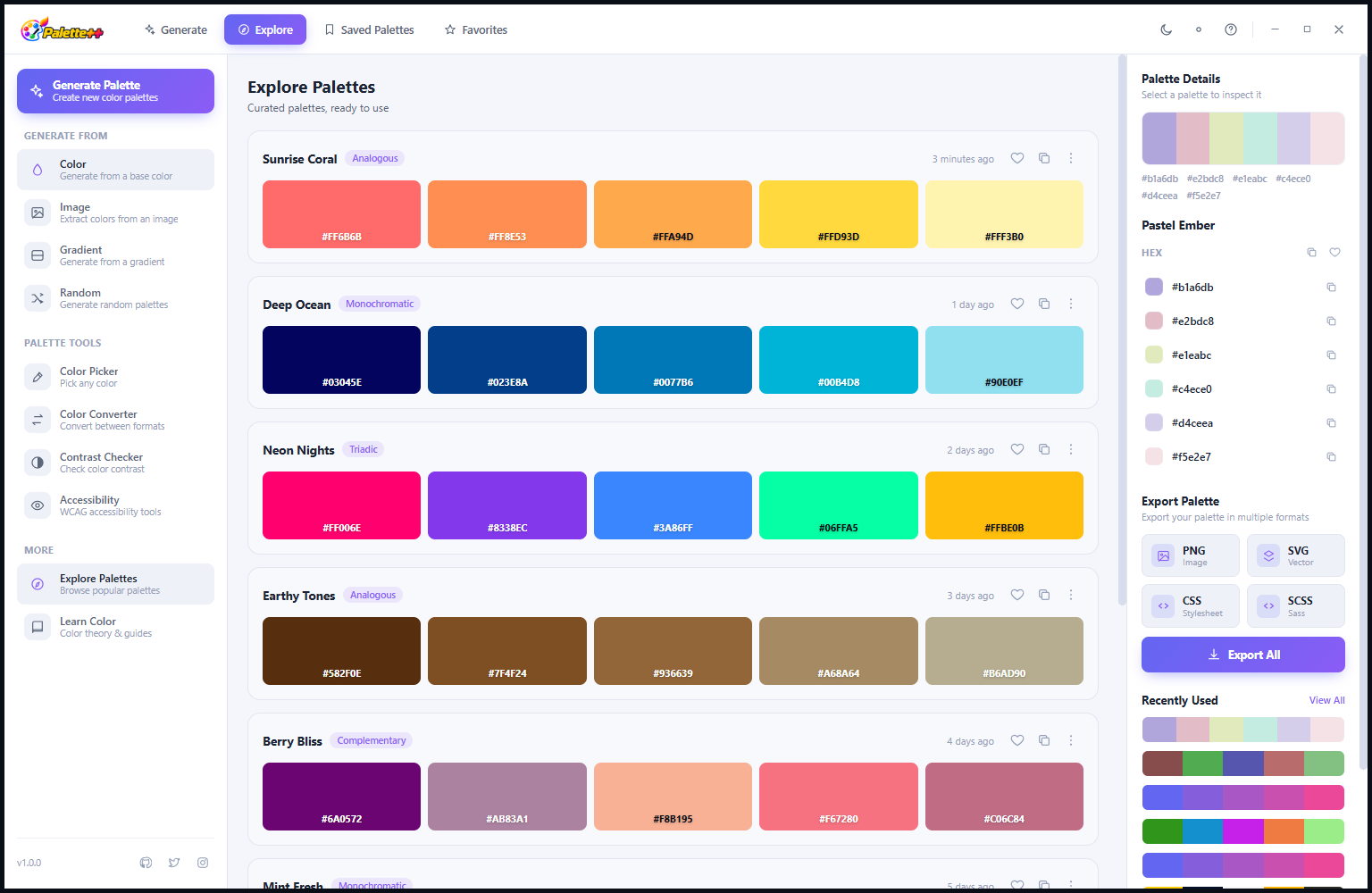 Palette++ showing additional tool sections in Light Mode with the clean white interface applied consistently across the application