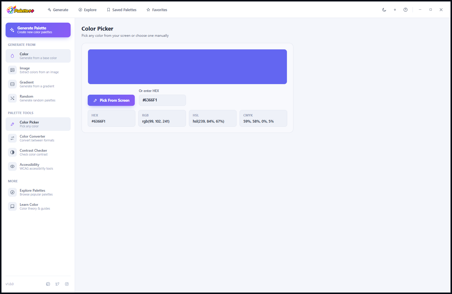 Palette++ Color Picker in Light Mode showing the same color selection tool with white background, displaying HEX, RGB, HCL and CMYK values for the selected color on a clean light interface