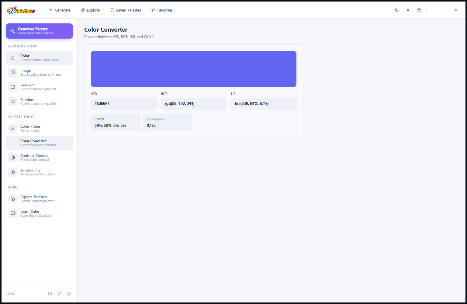 Palette++ Generate New Palette in Light Mode showing palette generation results displayed on a white background with color swatches clearly visible against the light interface