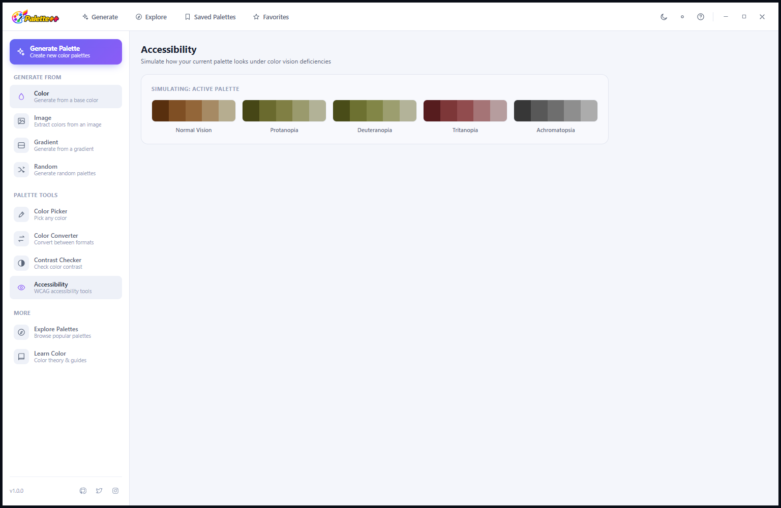 Palette++ Contrast Checker in Light Mode showing the WCAG compliance check interface on white background with the ratio result, AA/AAA pass/fail indicators and the text preview area