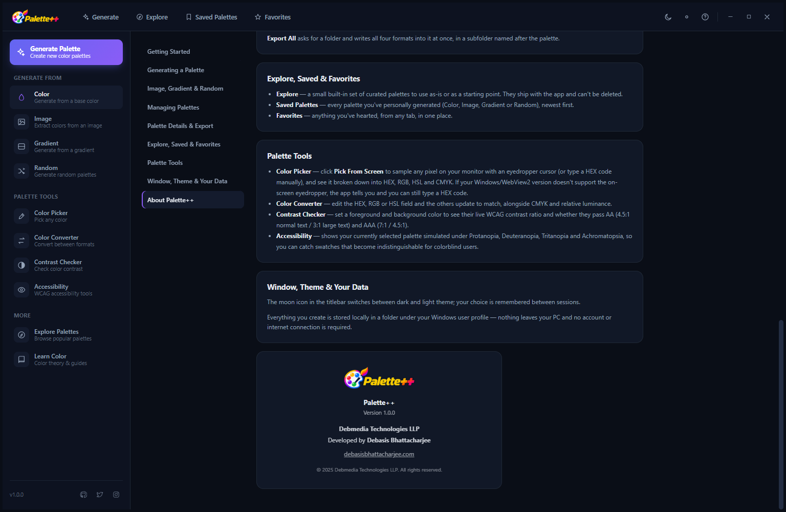 Palette++ About and Help page in Light Mode showing Export All function, Explore/Saved/Favorites explanations, tool descriptions, Windows/Theme/Data section and version information