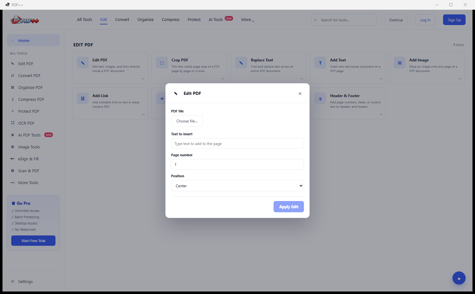 PDF++ Edit PDF dialog open with PDF file chooser, Text to insert field, Page number, Position dropdown and Apply Edit button