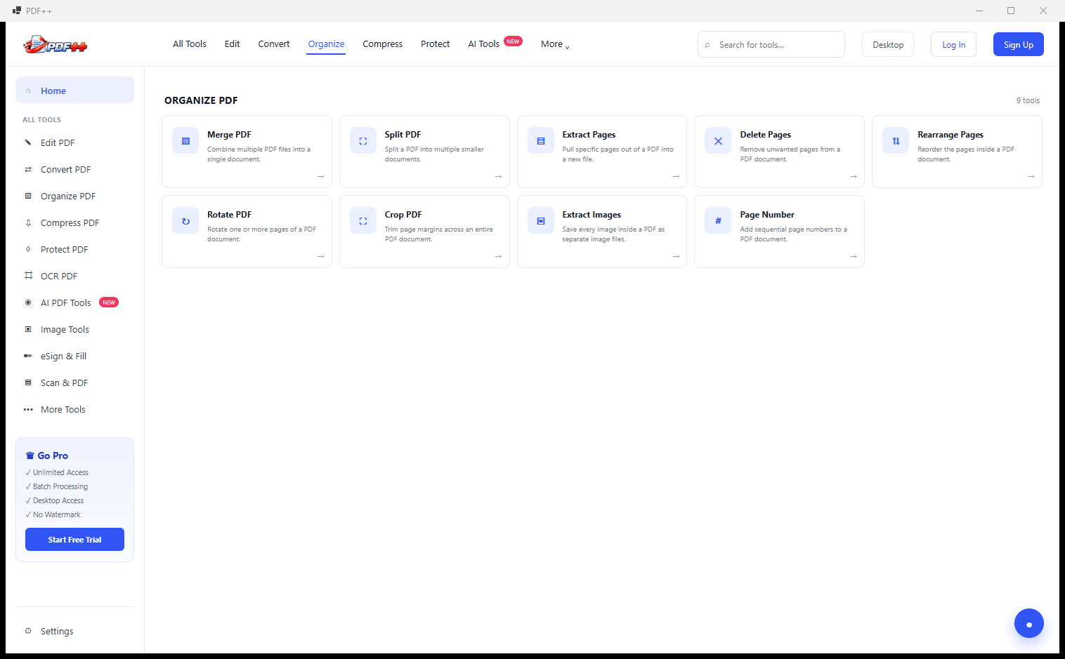 PDF++ Organize PDF category showing Merge PDF, Split PDF, Extract Pages, Delete Pages, Rearrange Pages, Rotate PDF, Lasso PDF, Refresh Images and Page Number tools