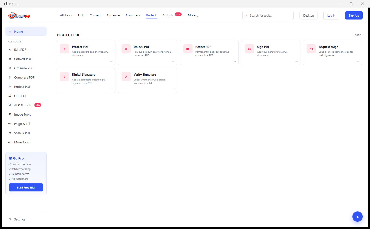 PDF++ Protect PDF category showing Protect PDF, Unlock PDF, Redact PDF, Sign PDF, Request eSign, Digital Signature and Verify Signature tools