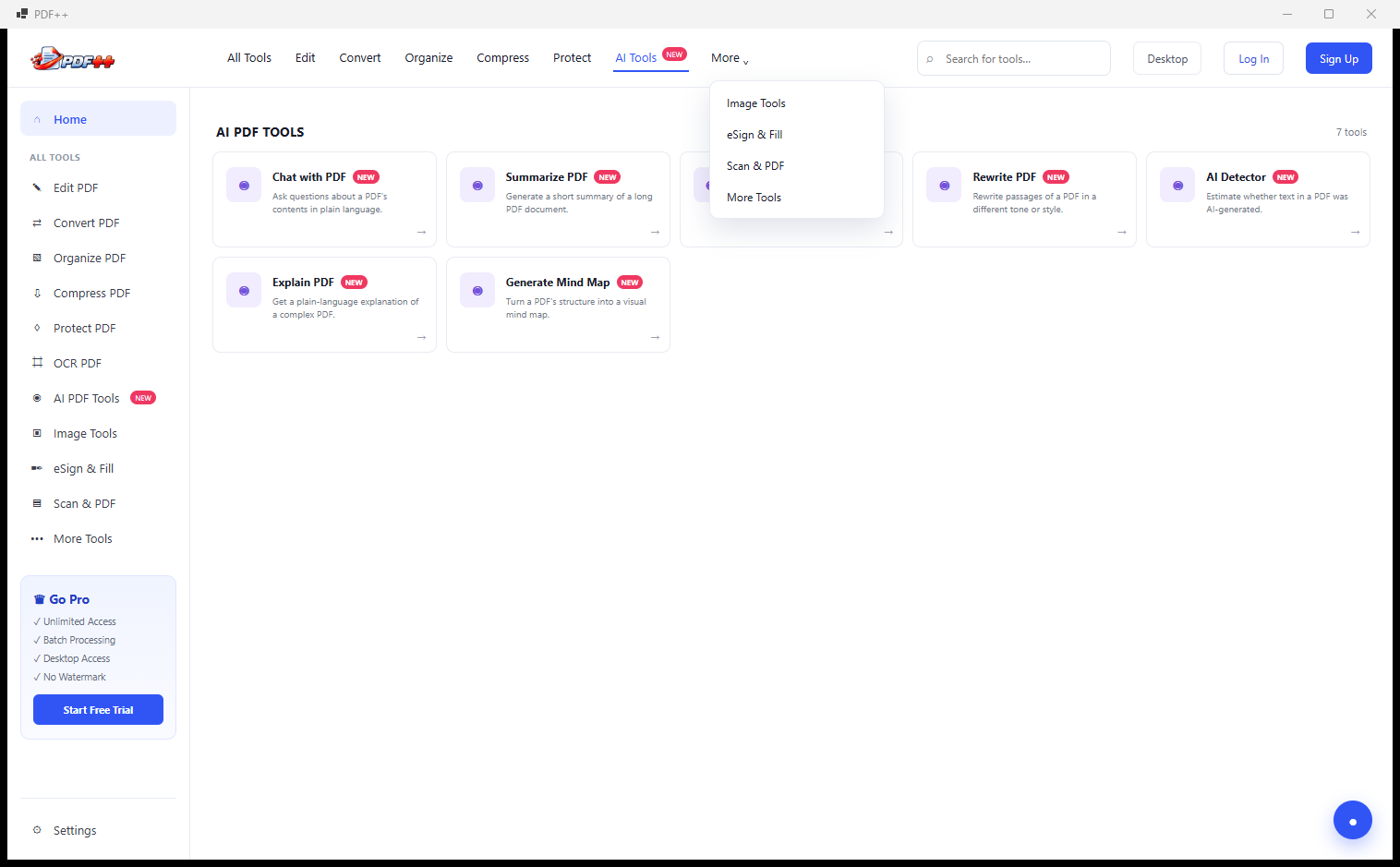 PDF++ More dropdown open revealing four additional tool groups: Image Tools, eSign and Fill, Scan and PDF, More Tools
