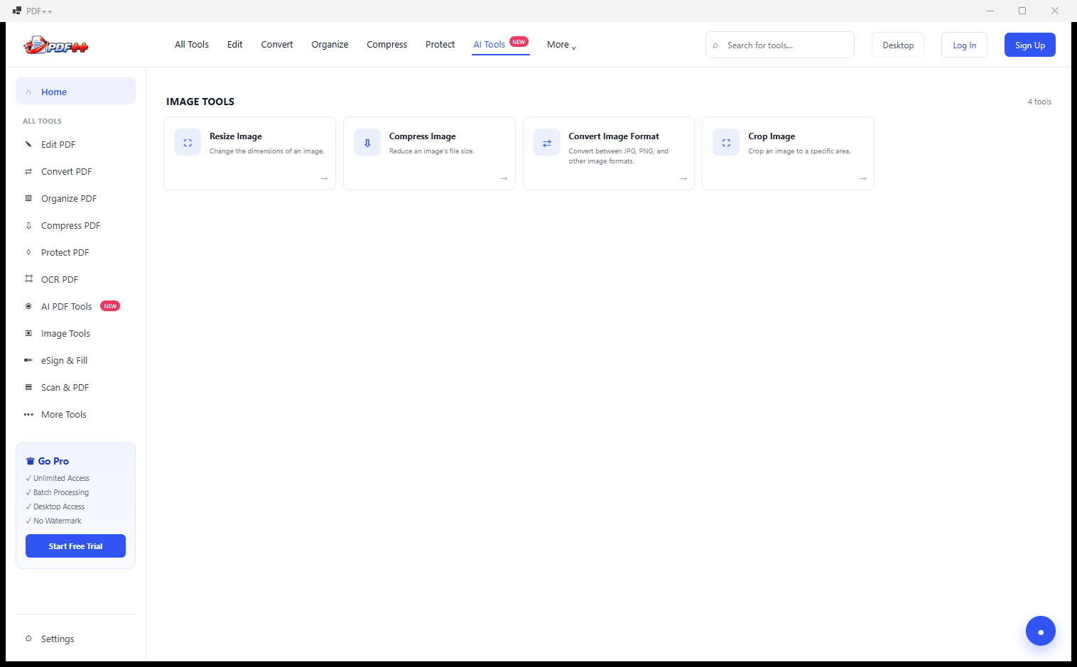 PDF++ Image Tools category showing Resize Image, Compress Image, Convert Image Format and Crop Image