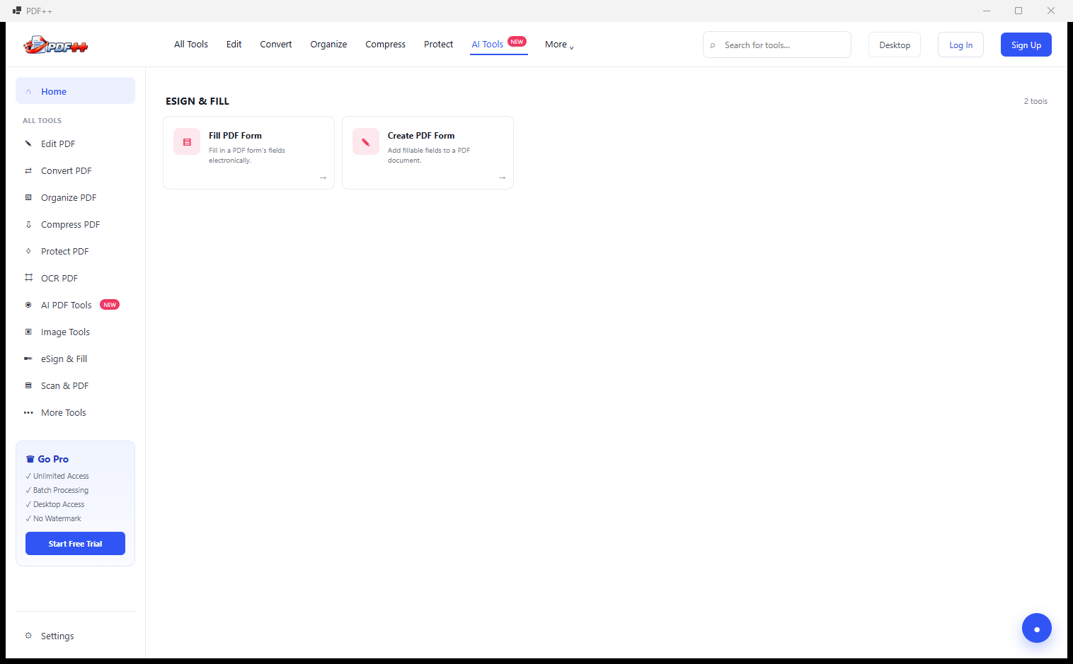 PDF++ eSign and Fill category showing Fill PDF Forms and Create PDF Form tools