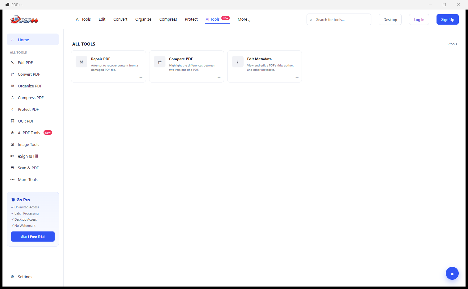 PDF++ More Tools section showing Repair PDF, Compress PDF and Edit Metadata utilities
